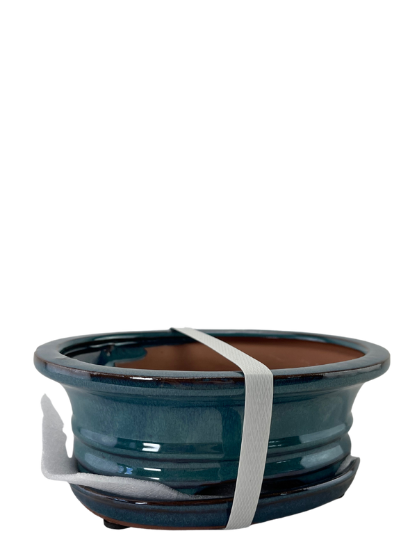 Ceramic Pot with Humidity Tray - Medium Blue Oval