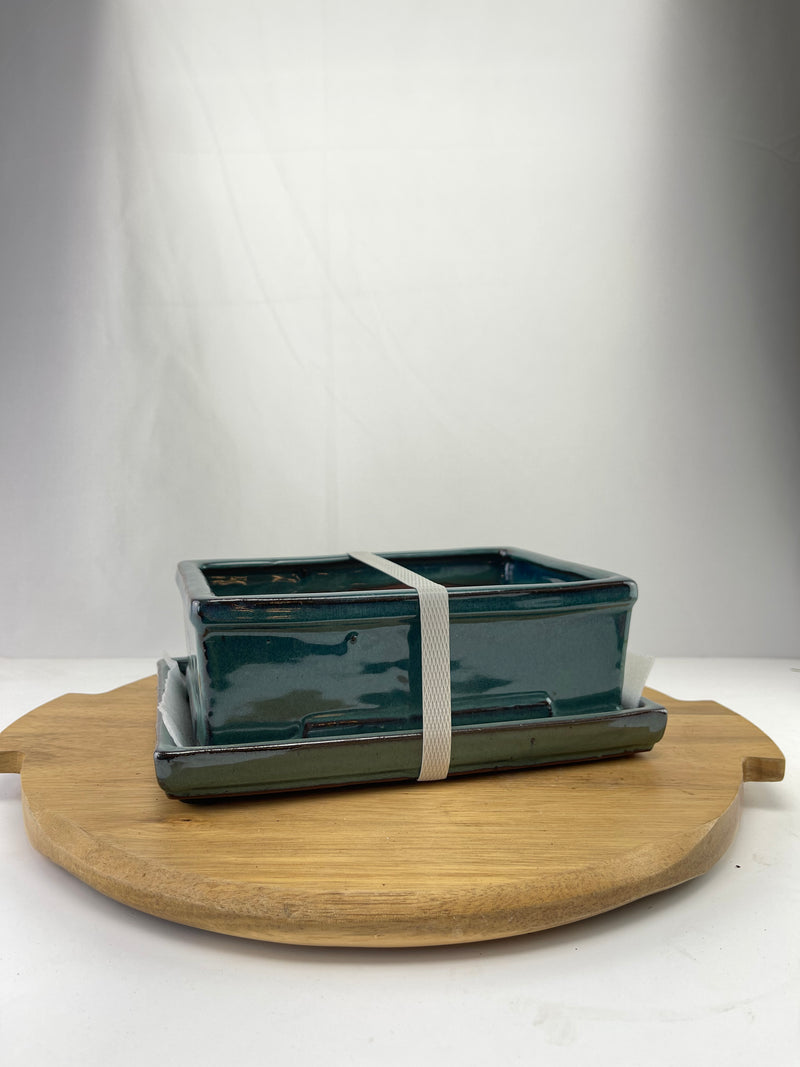 Ceramic Pot with Humidity Tray - Medium Sharp Blue Rectangle