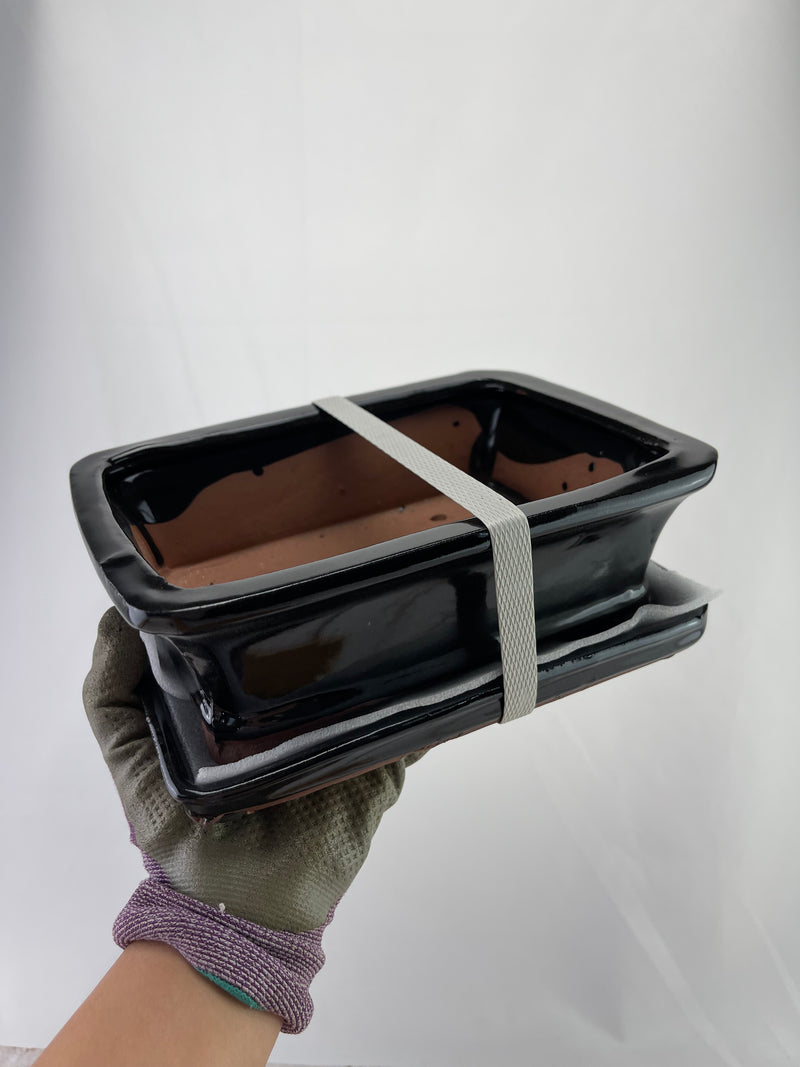 Ceramic Pot with Humidity Tray - Black Rectangle