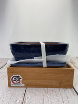 Ceramic Pot with Humidity Tray - Blue Rectangle