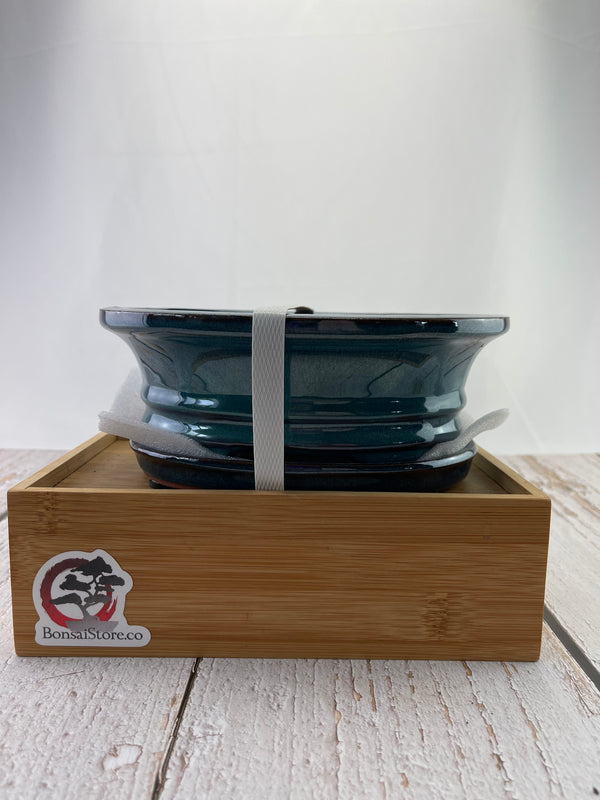 Ceramic Pot with Humidity Tray - Blue Oval