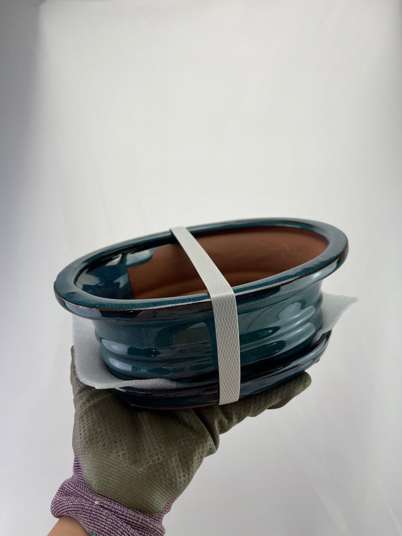 Ceramic Pot with Humidity Tray - Blue Oval